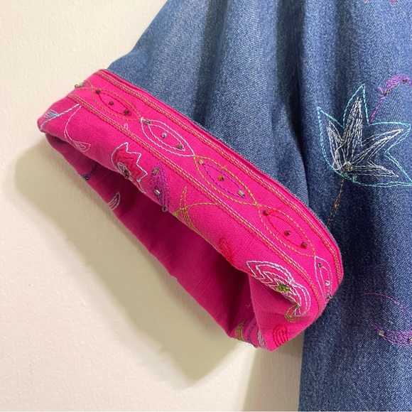 COUNTRY WEAR Vintage Denim Beaded Short Sleeve Shacket Pink Floral Large Petite - Picture 7 of 16